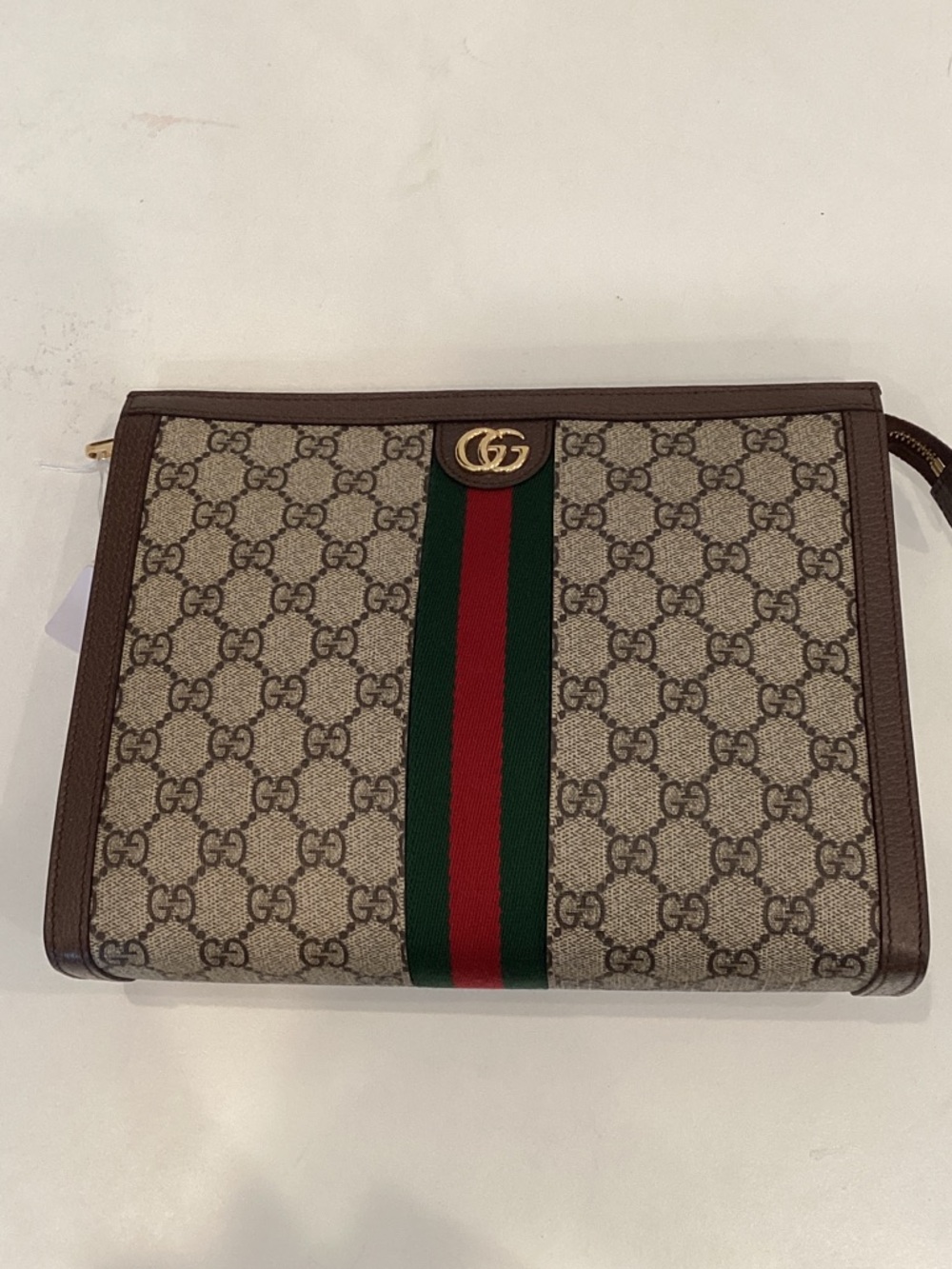 Gucci Brown-Beige GG Supreme Pouch with Green and Red Web Stripe